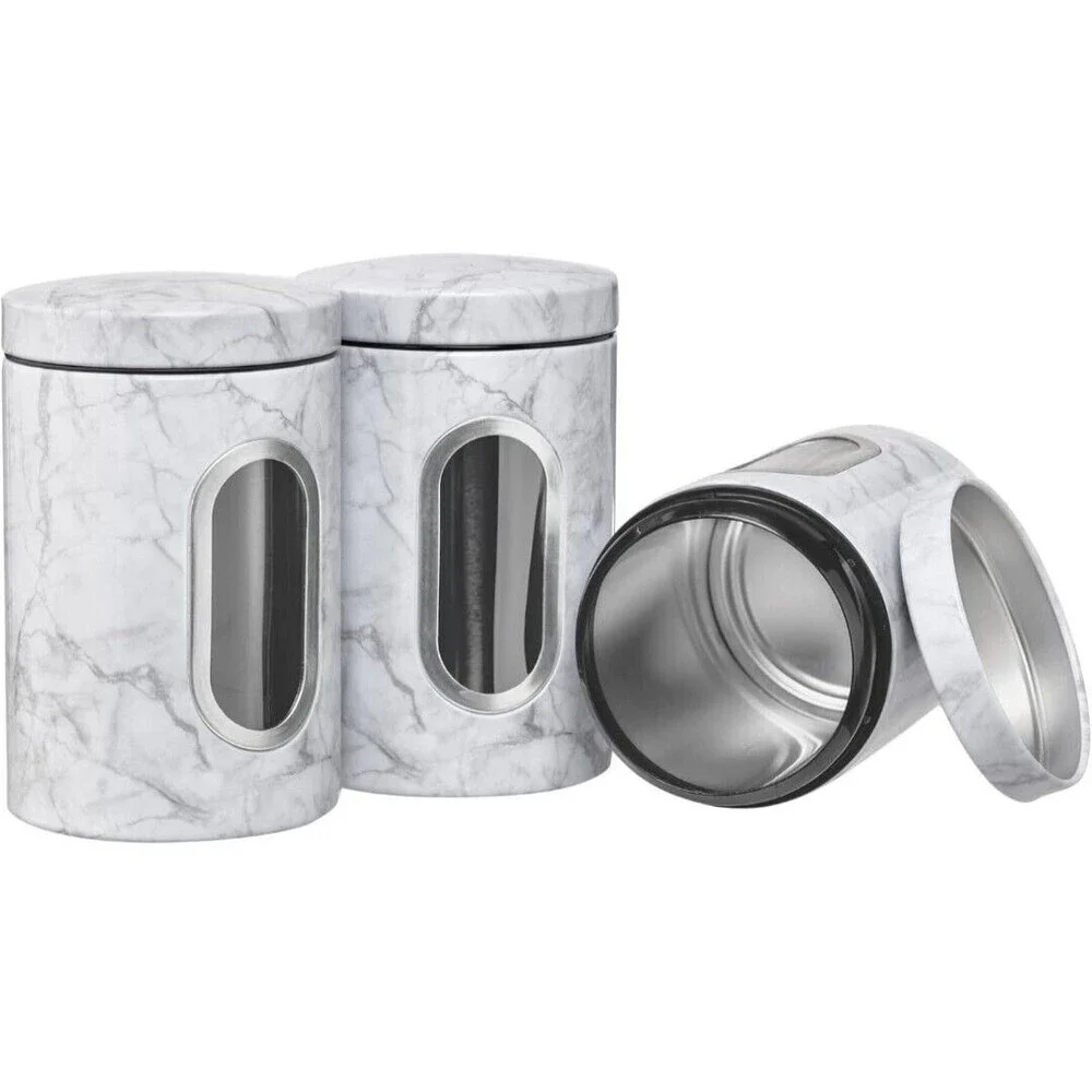 NEW- Set of 3 - Aluminum Food Storage - Large - White & Black Marble Look